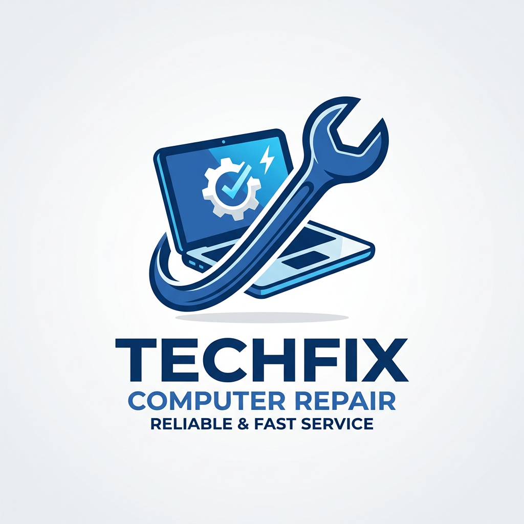 Logo with a laptop, wrench, and text TechFix Computer Repair Reliable & Fast Service