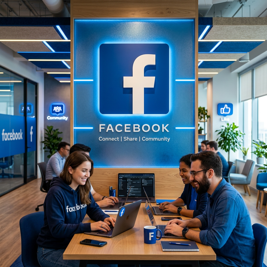 Four Facebook employees working together at a wooden table with laptops in a bright office